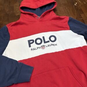 Polo Ralph Lauren Hoodie Men's L Red White Blue Cotton Polyester USA Pullover